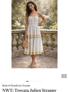 Trovata White Midi Dress with Yellow Border and Blue Floral Print